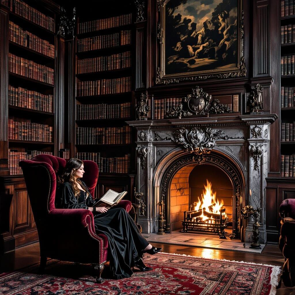 Library Corner with Fireplace in Baroque Style