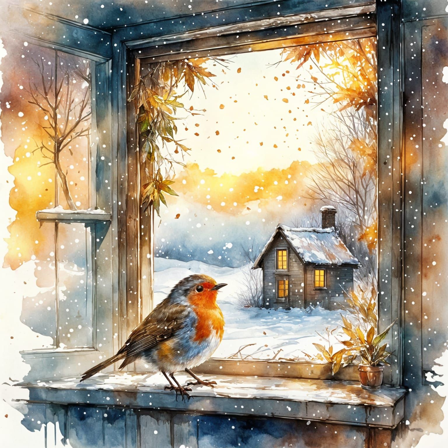 Robin on Cottage Windowsill in Gentle Snowfall