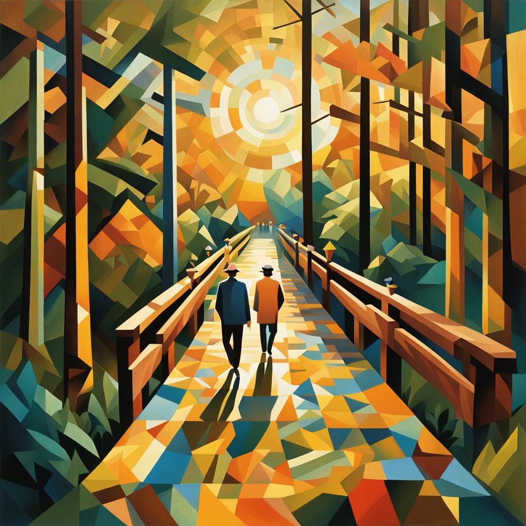 Geometric Forest Sunrise: A Cubist Painting
