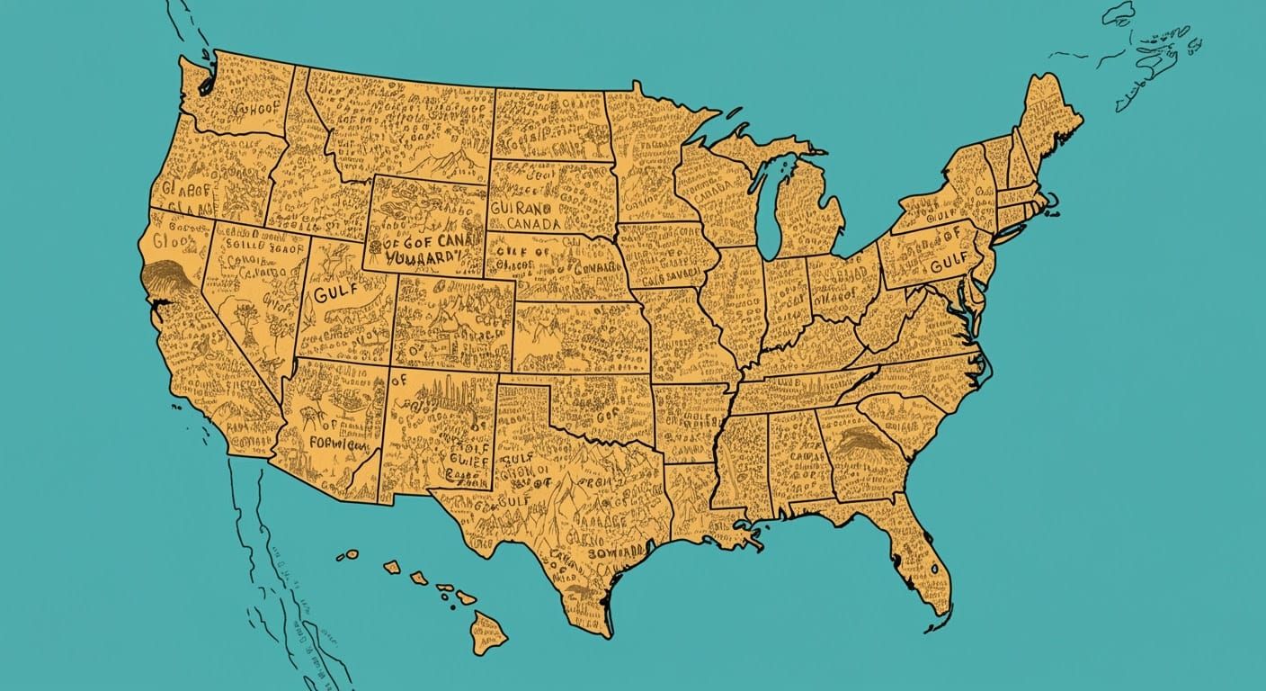 Surreal USA Map with Whimsical Gulf of Canada Place Names