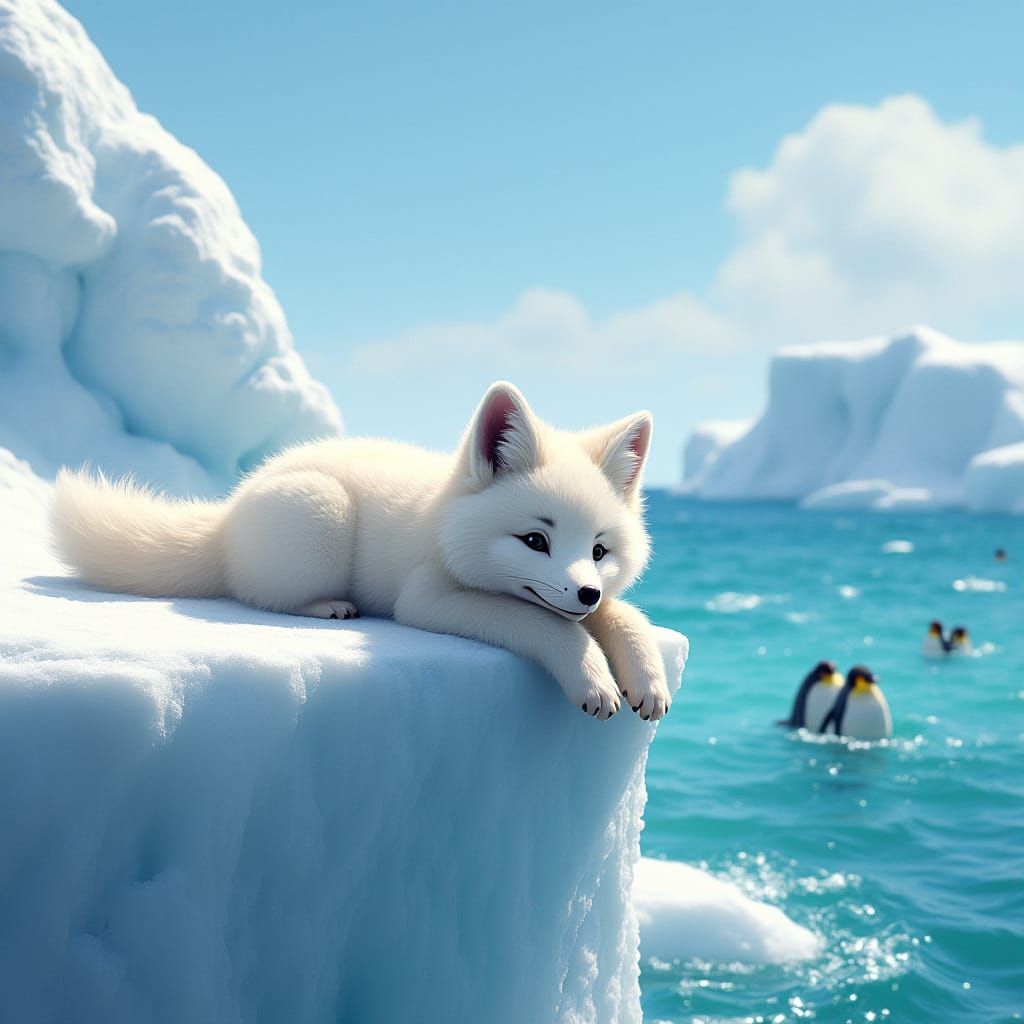 Serenely Lying Arctic Fox at Ice Cliff's Edge, Crystal Clear...