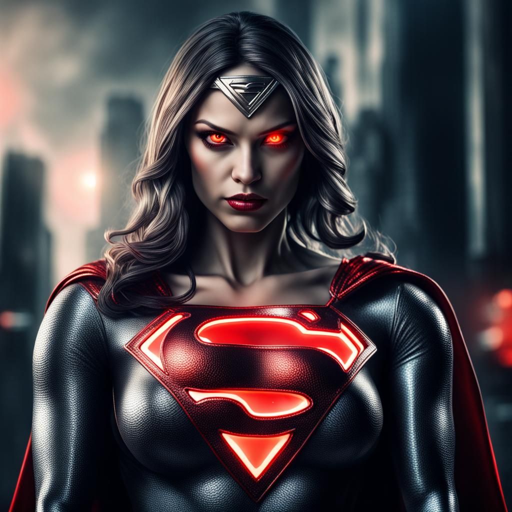 Hyperrealistic Evil Superwoman with Glowing Red Eyes