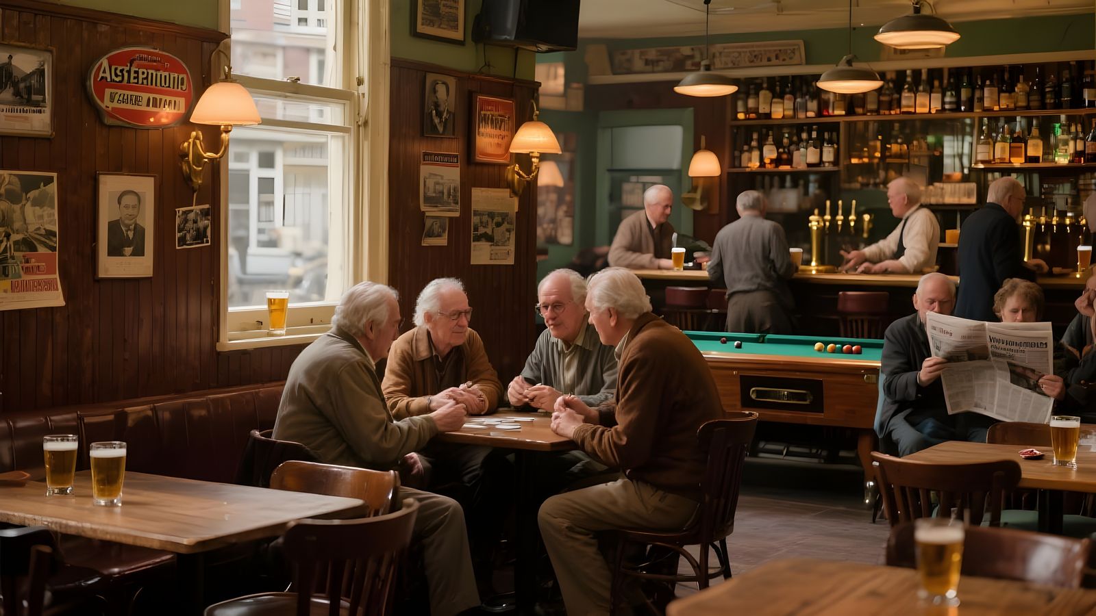 Senior Men Play Cards in Vintage Amsterdam Brown Cafe