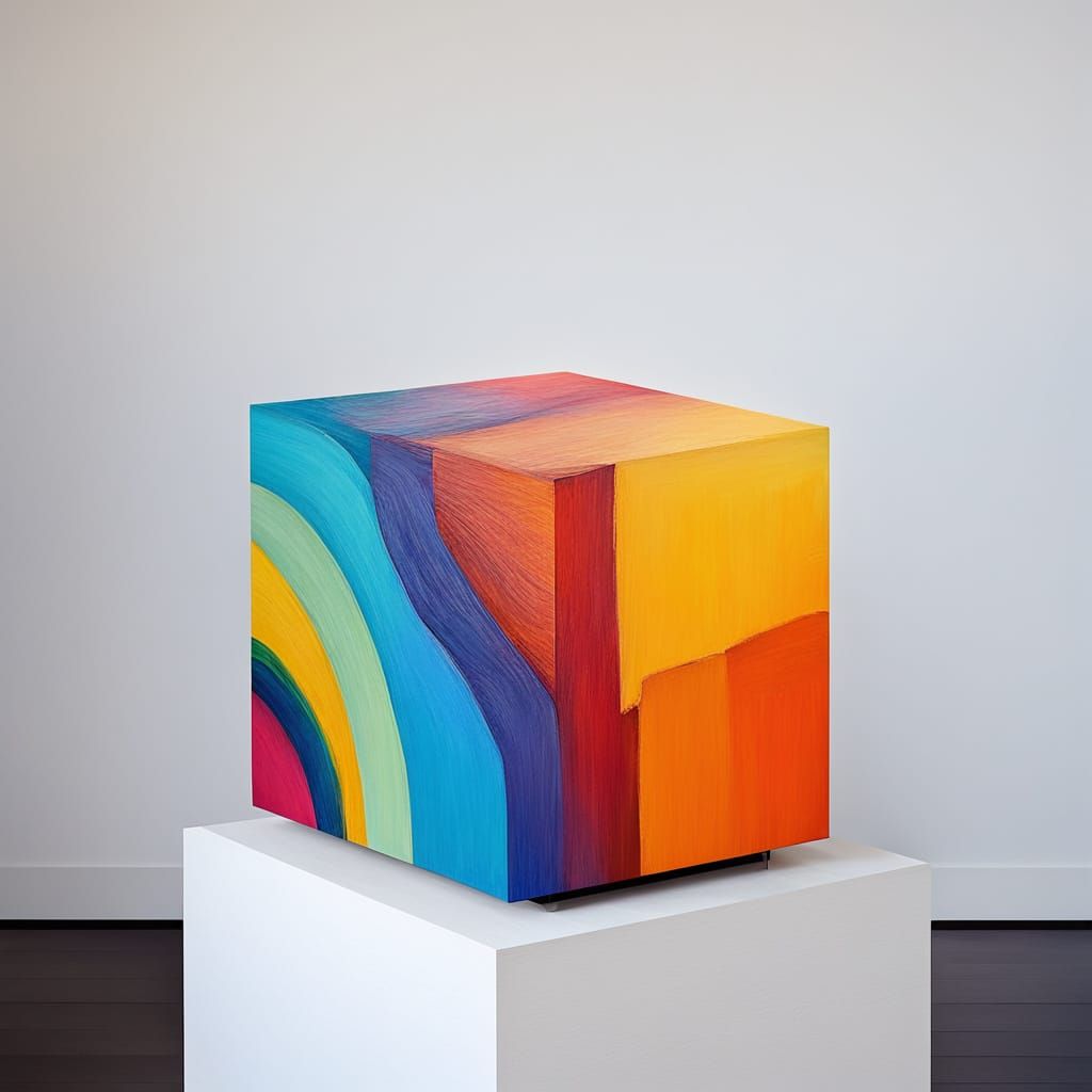 Vibrant Oil Painting of a Rainbow Cuboid in a Minimalist Set...