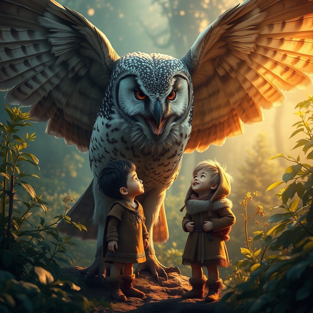 Majestic Owl Surveys Small Boy in Lush, Fantastical Landscap...