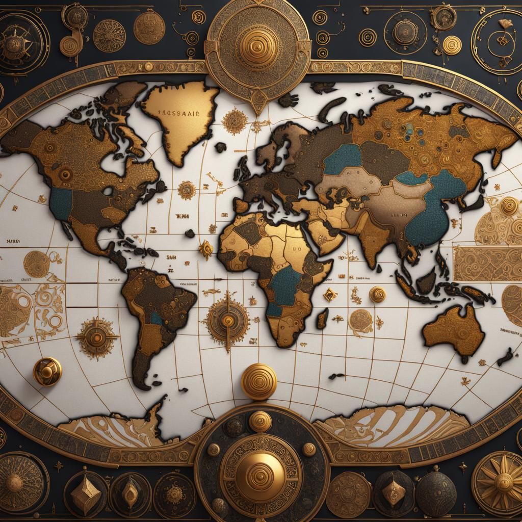 World Map Adorned with Intricate Designs and Symbols