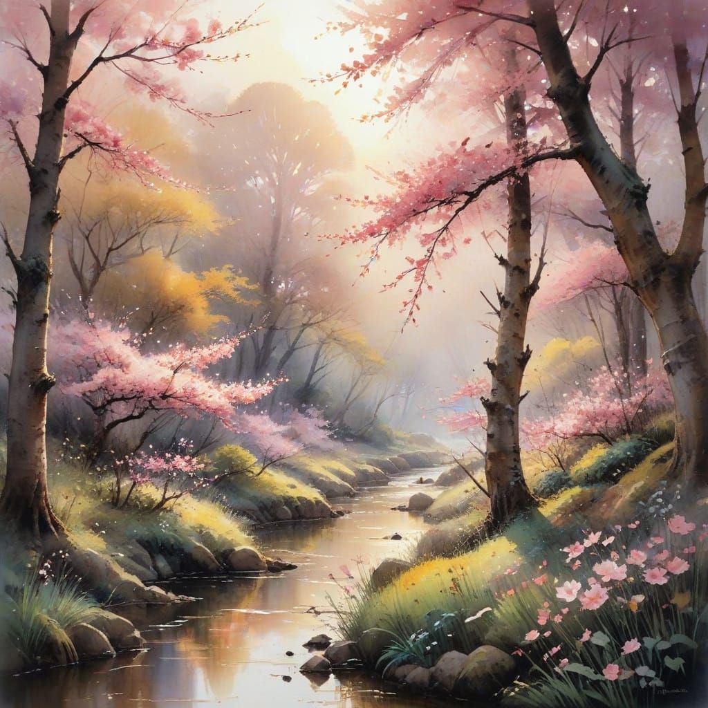 Dreamy Watercolour Landscape of Pink Sakura Blossoms at Gold...