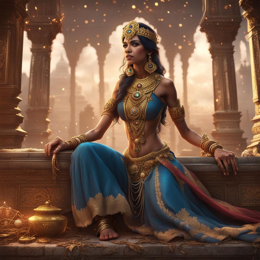 Rich Indian Princess with Gold Jewelry: Detailed Matte Paint...