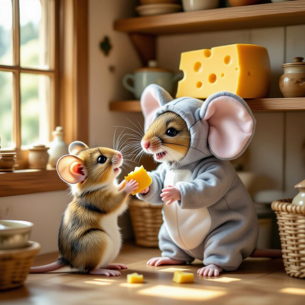 Whimsical Mouse in Elephant Costume Reaches for Cheese