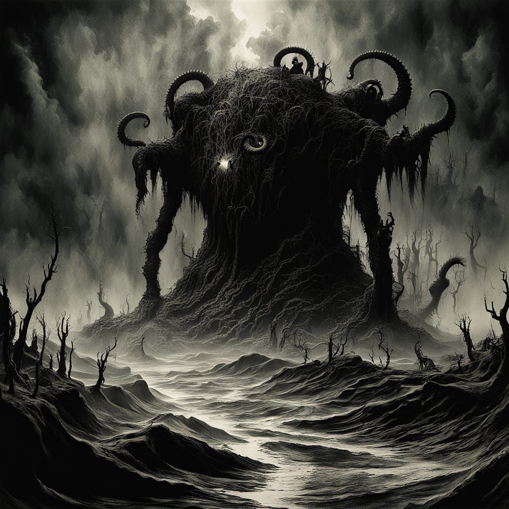 Surreal Dark Fantasy Scene with Twisted Glass and Living Roo...