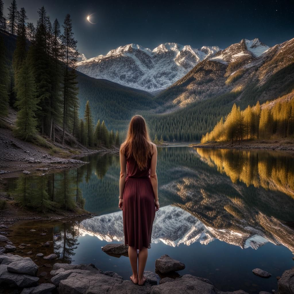 Serene Lake Reflection with Comet and Figure