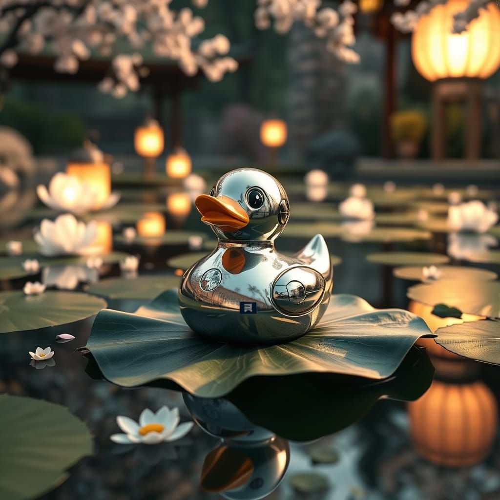 Serenely Floating Chrome Duck Amidst Cherry Blossoms in Japa...