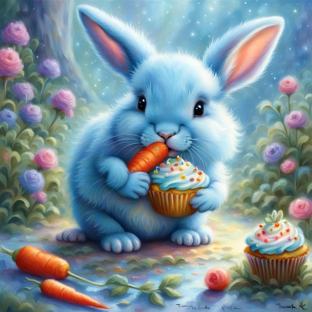 Cute Blue Bunny Eats Carrot Cupcake: Ethereal Fantasy