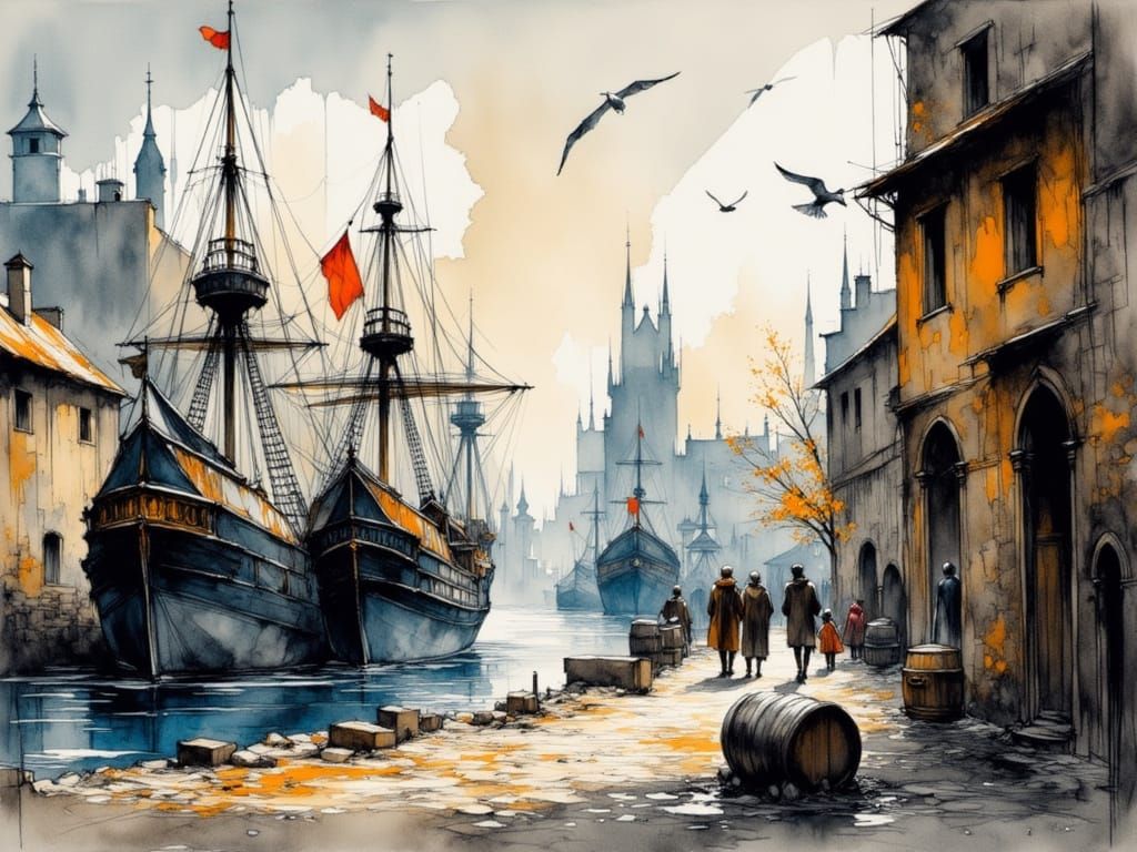 Bustling Medieval Port City with Volumetric Lighting