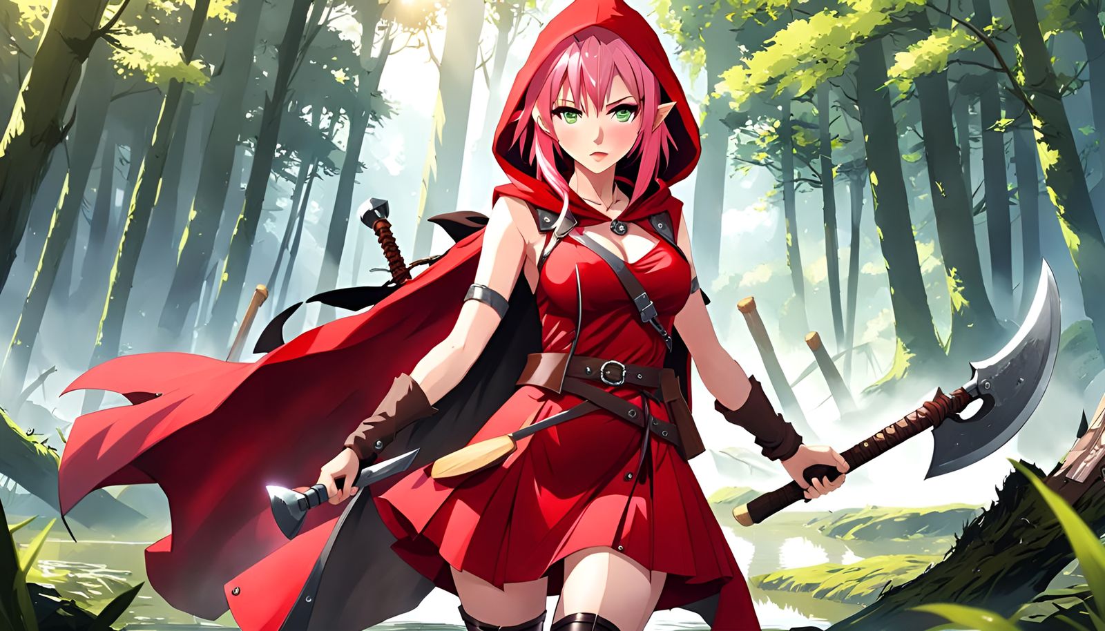 Anime Girl Ranger with Axe in Swamp