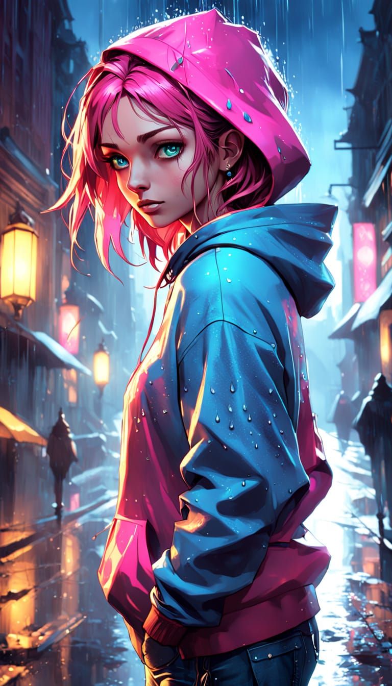 Vibrant Concept Art Portrait of a Teenage Girl Walking in th...