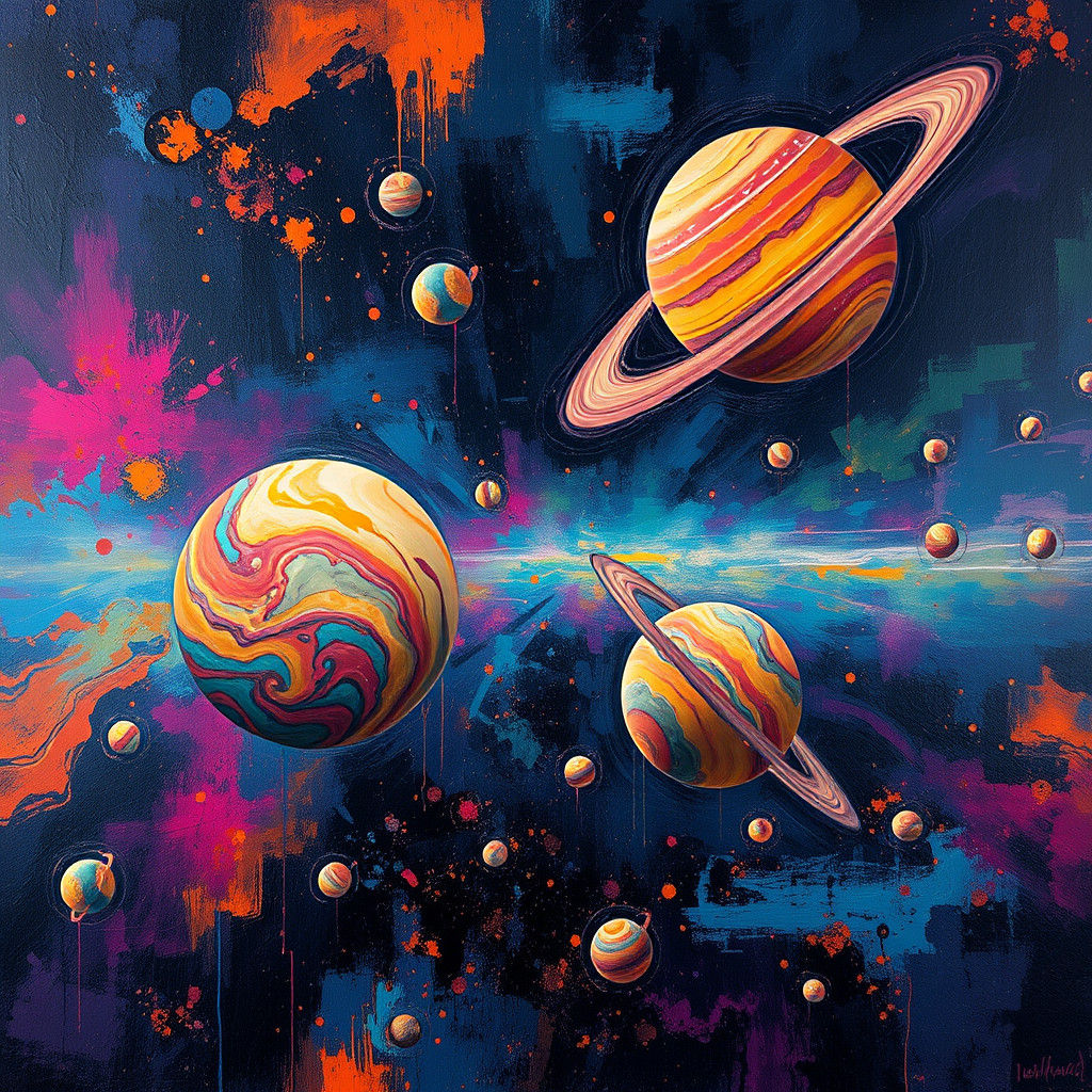 Psychedelic Planets in Impasto Surrealist Space