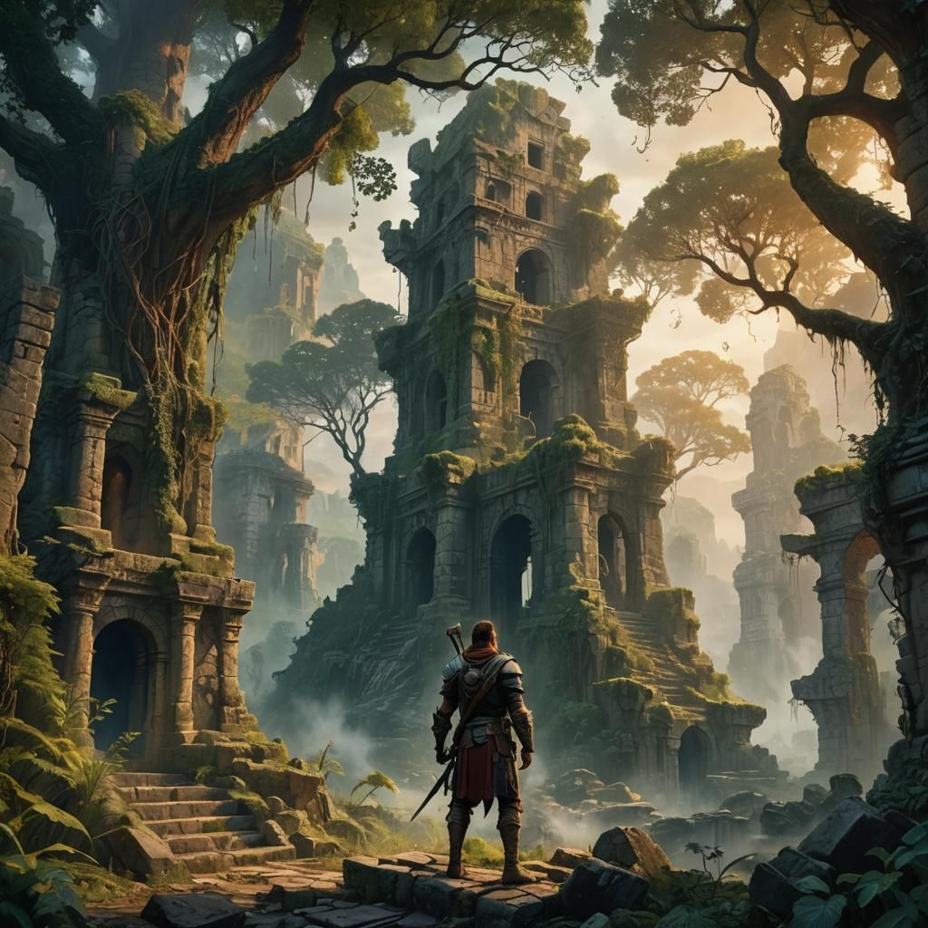 Mystical Forest Ruins with Warrior in Matte Painting Style