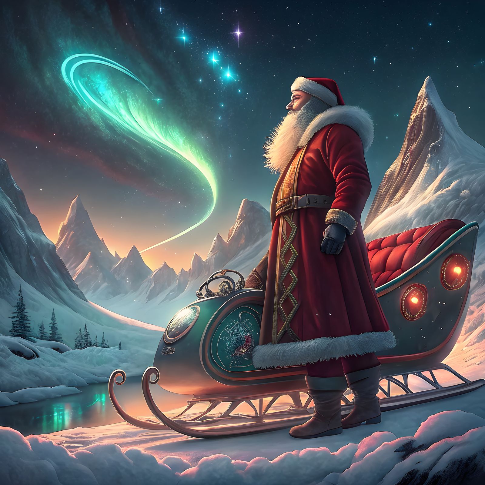 Futuristic Santa Claus at the North Pole in Matte Painting