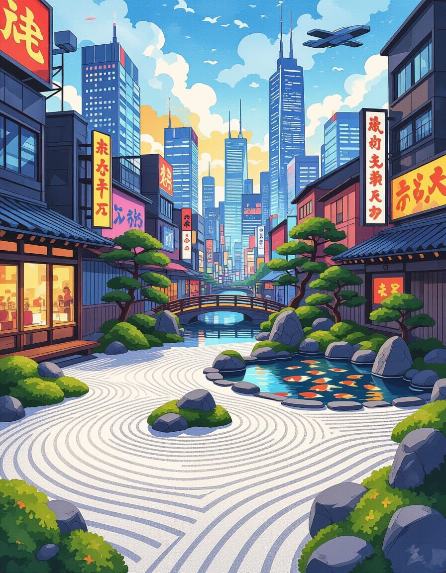 Zen Garden Meets Cyberpunk City in Watercolor Fauvism