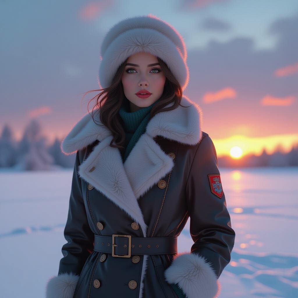 Woman in Soviet Coat on Frozen Lake, Hyperdetailed