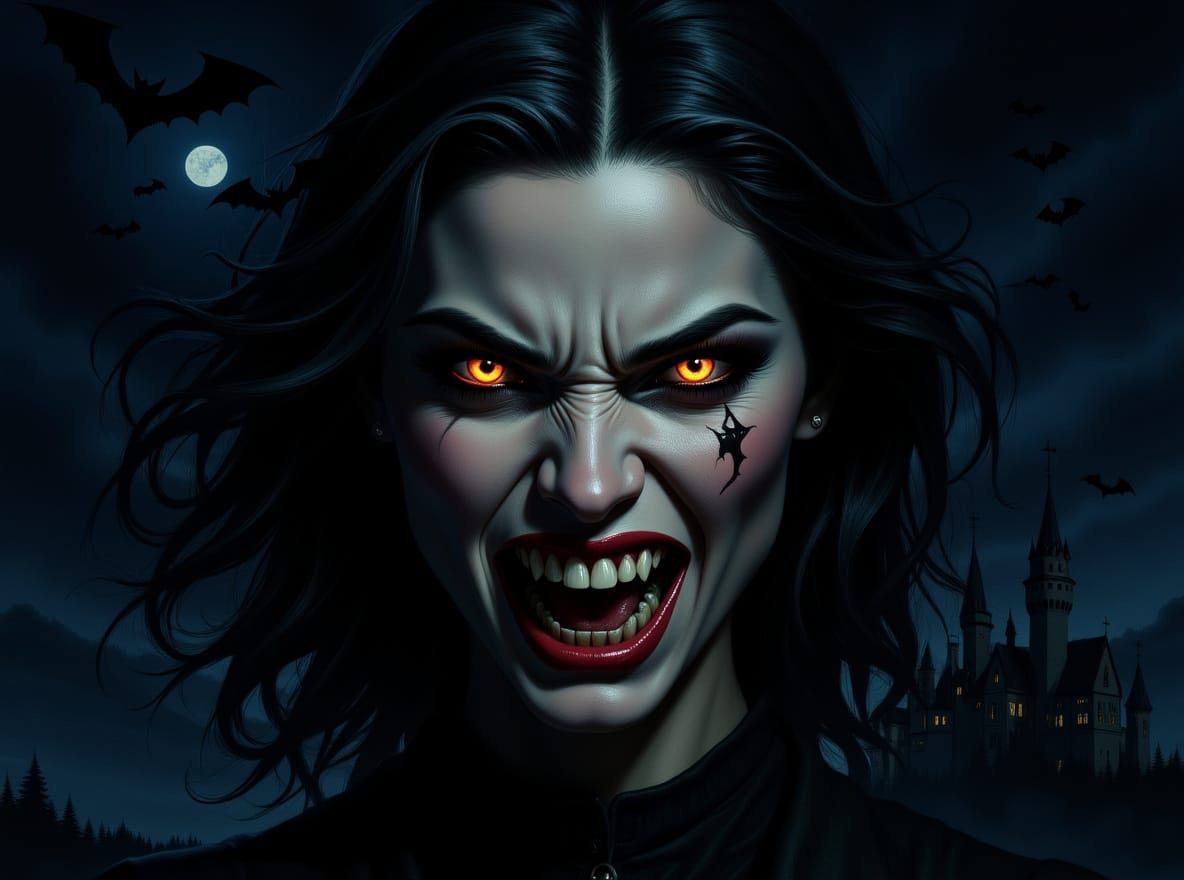 Vampire Portrait with Castle in Digital Watercolor Style