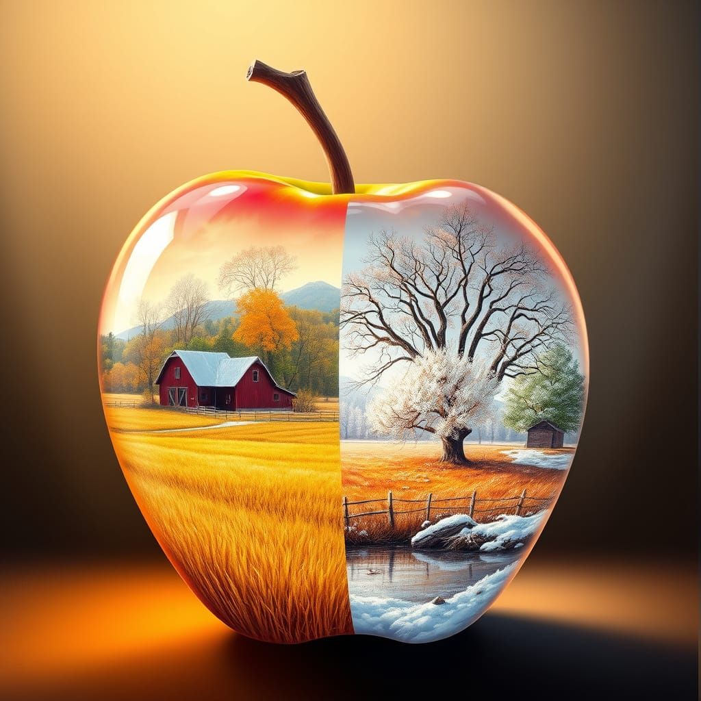Double exposure of an apple with an autumn farm scene on one side and a winter farm scene on the other side, spring farm...