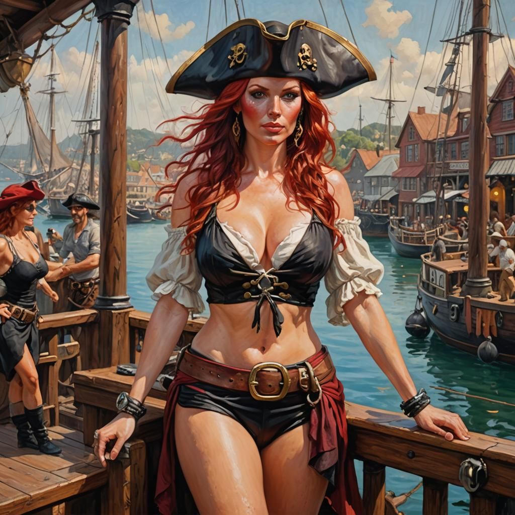 Red-Haired Pirate Woman in Tavern: Oil Painting
