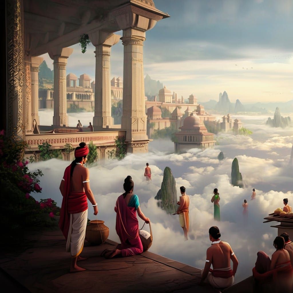 Ancient Hindu City in Clouds: Fantasy Concept Art