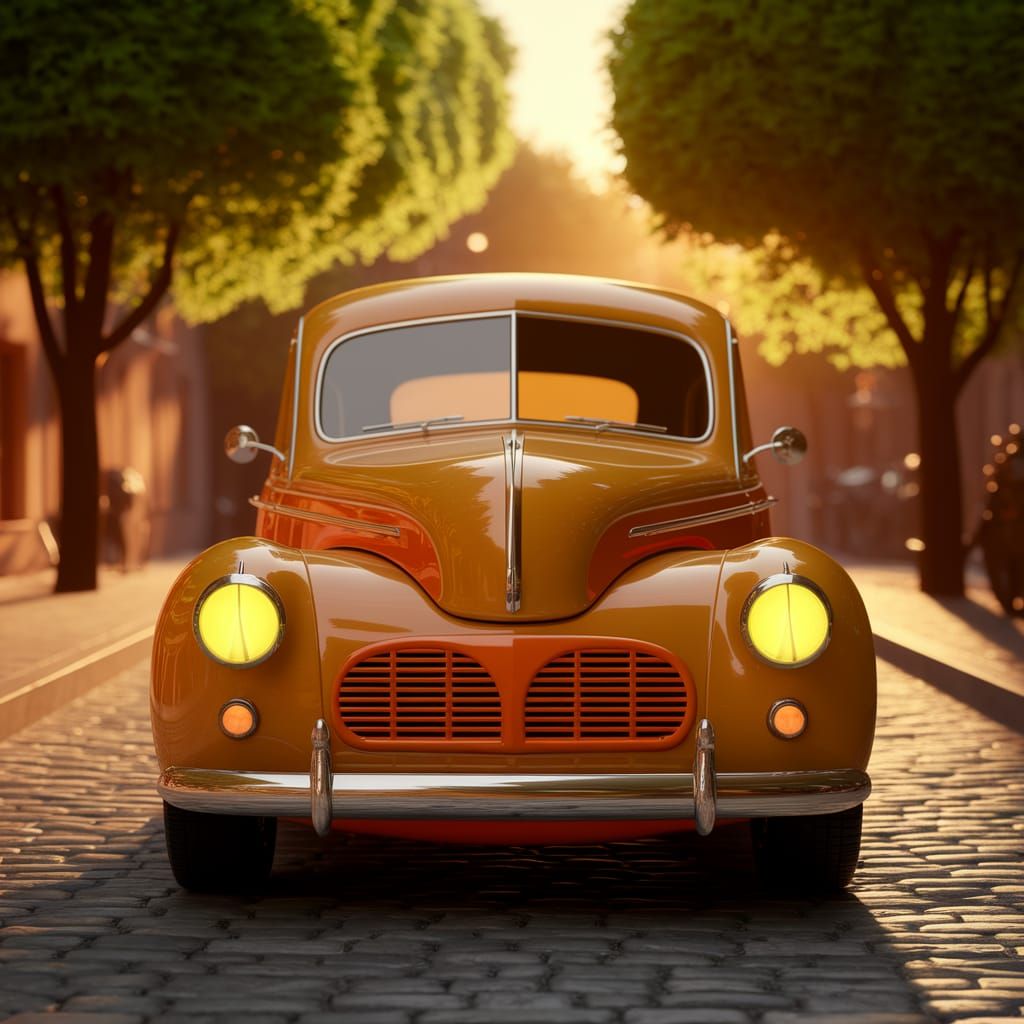 Friendly Vintage Car Smiles Under Golden Sunset