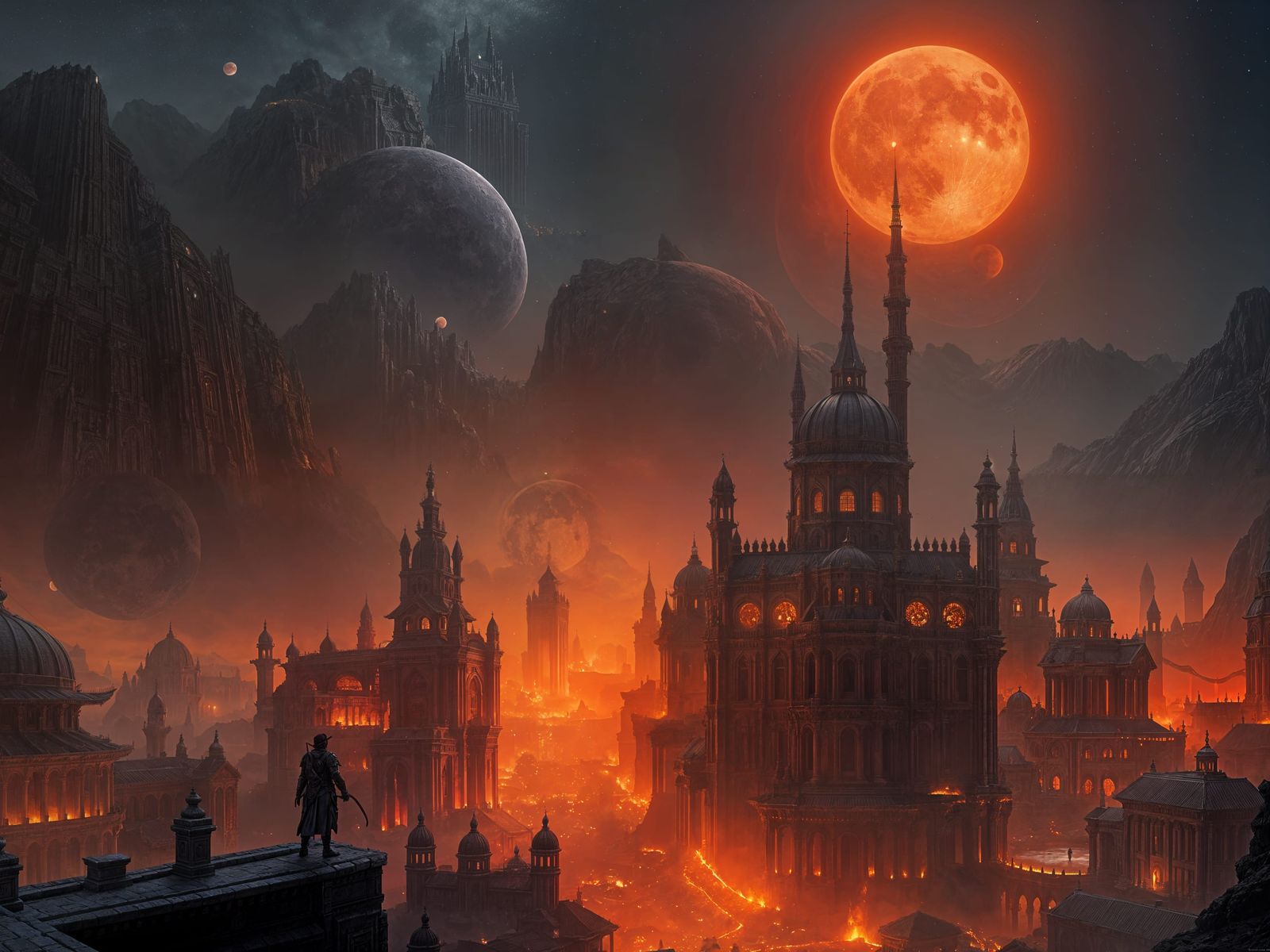 Fantastical Cityscape under Blood Moonlit Skies