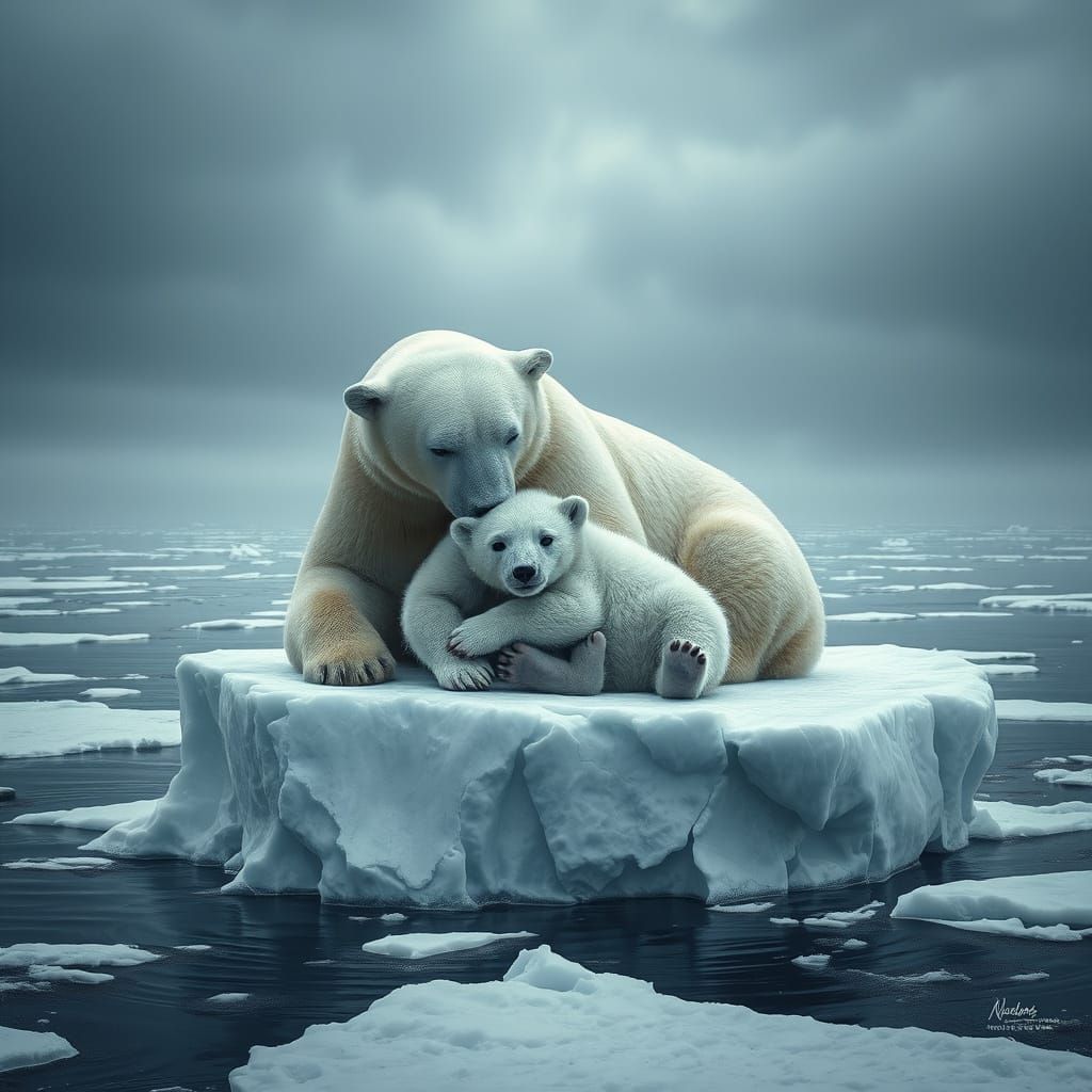 Polar Bear Cub on Iceberg in Hyperrealistic Style