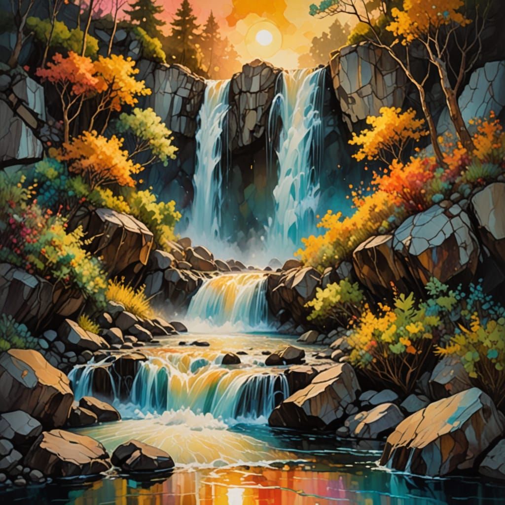 Golden Encaustic Waterfall in Vibrant, Expressive Style