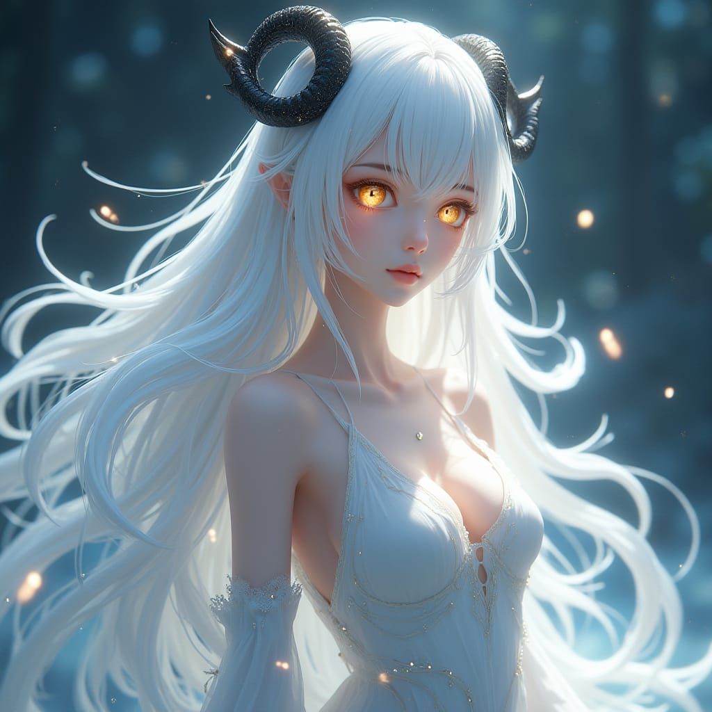 Celestial Beauty with White Hair and Golden Eyes