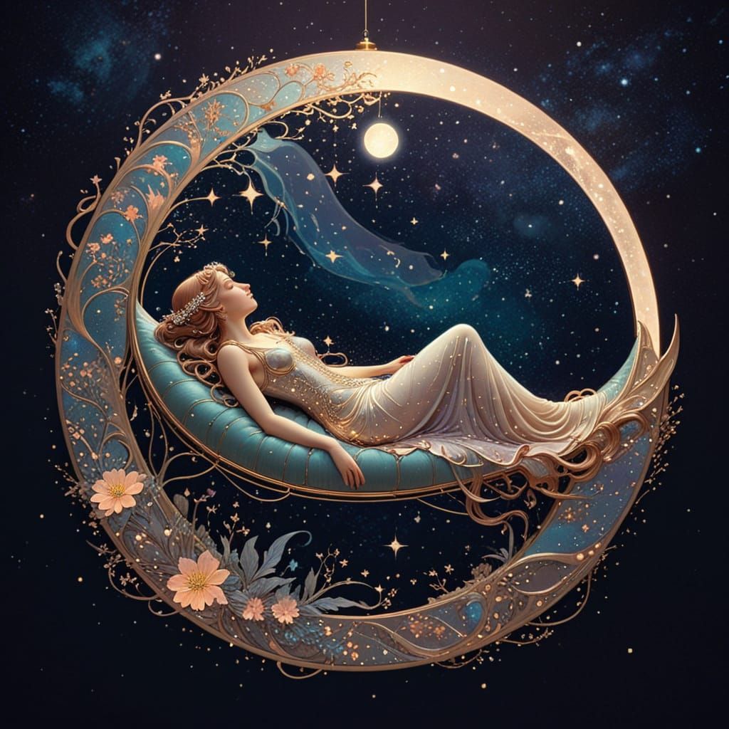 Art Nouveau Woman on Moon Holding Orb