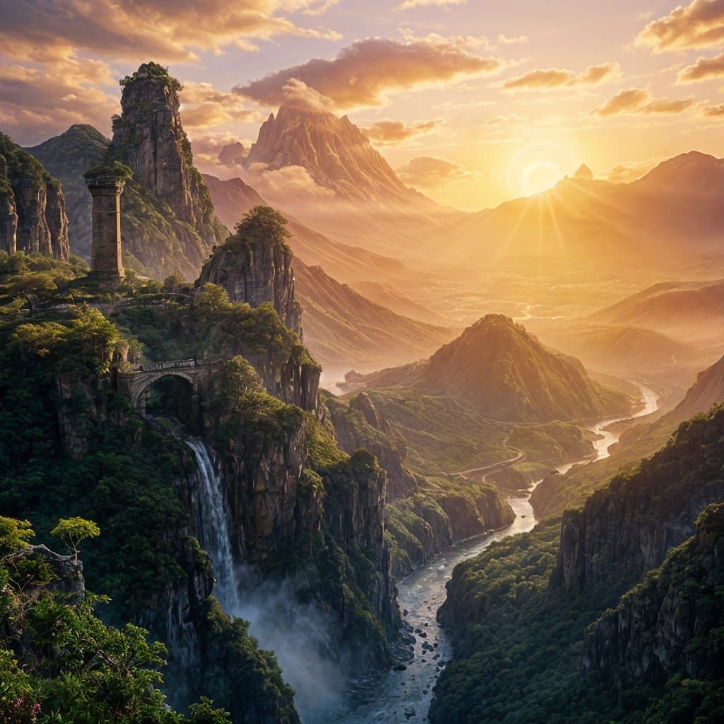 Epic Fantasy Landscape with Glowing Plants and Ancient Ruins