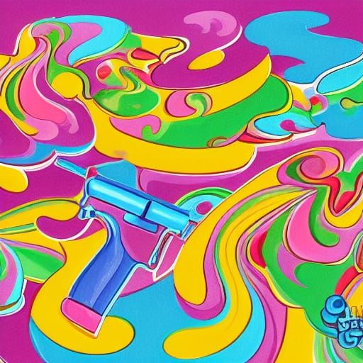 Vibrant Gun in Candyland Wonderland: Gouache Art