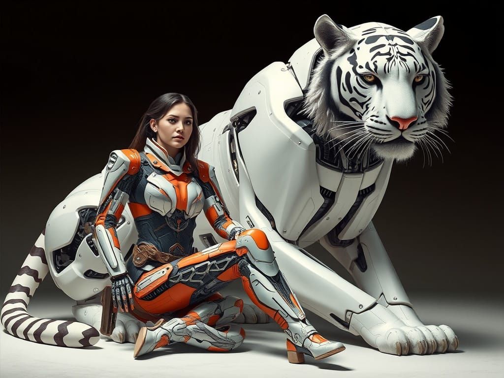 Cyberpunk Warrior and Robotic Siberian Tiger Unite in Futuri...