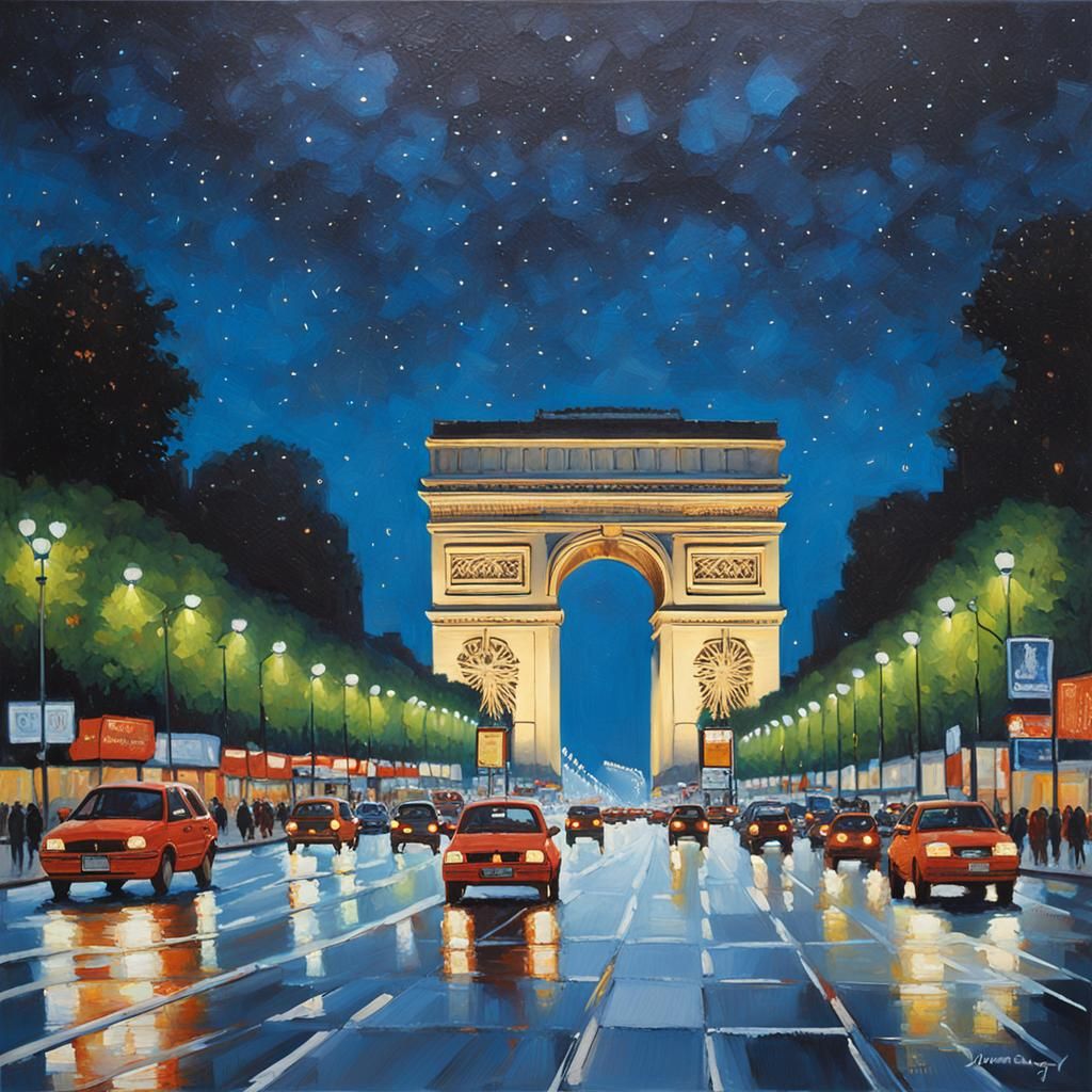 Arc de Triomphe at Night in Hyperrealistic Oil Painting