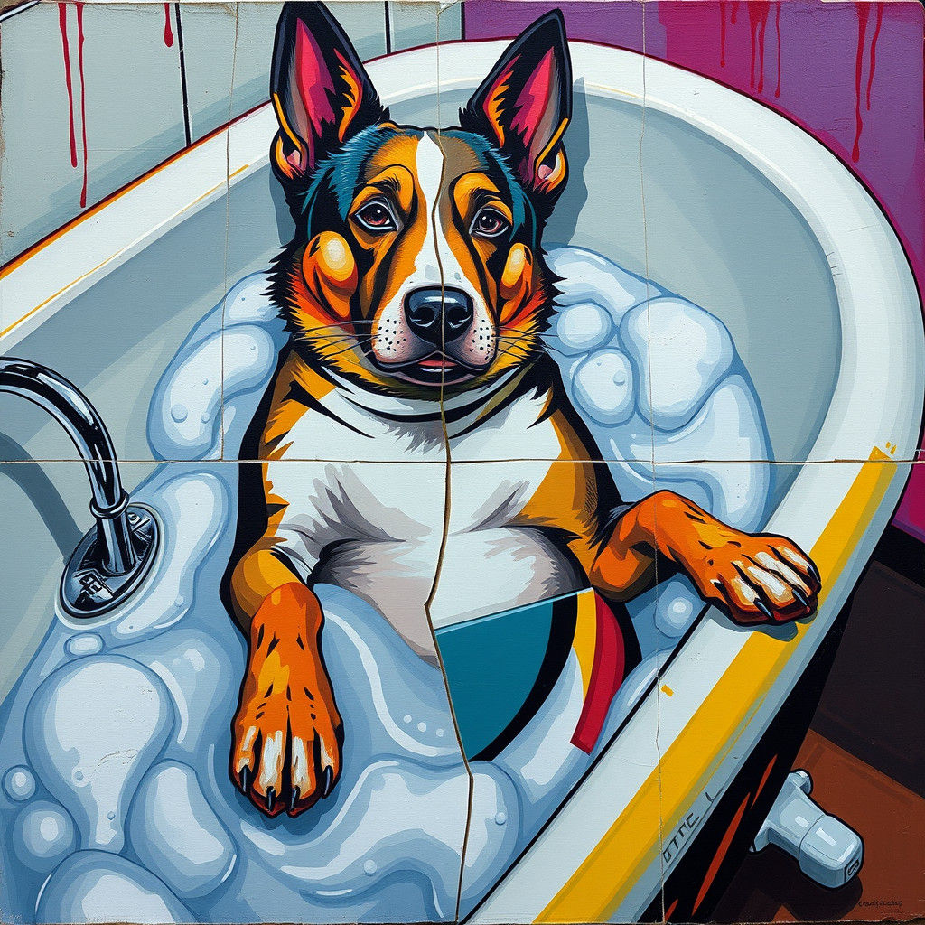 Cubist Dog-Human Hybrid in Bathtub
