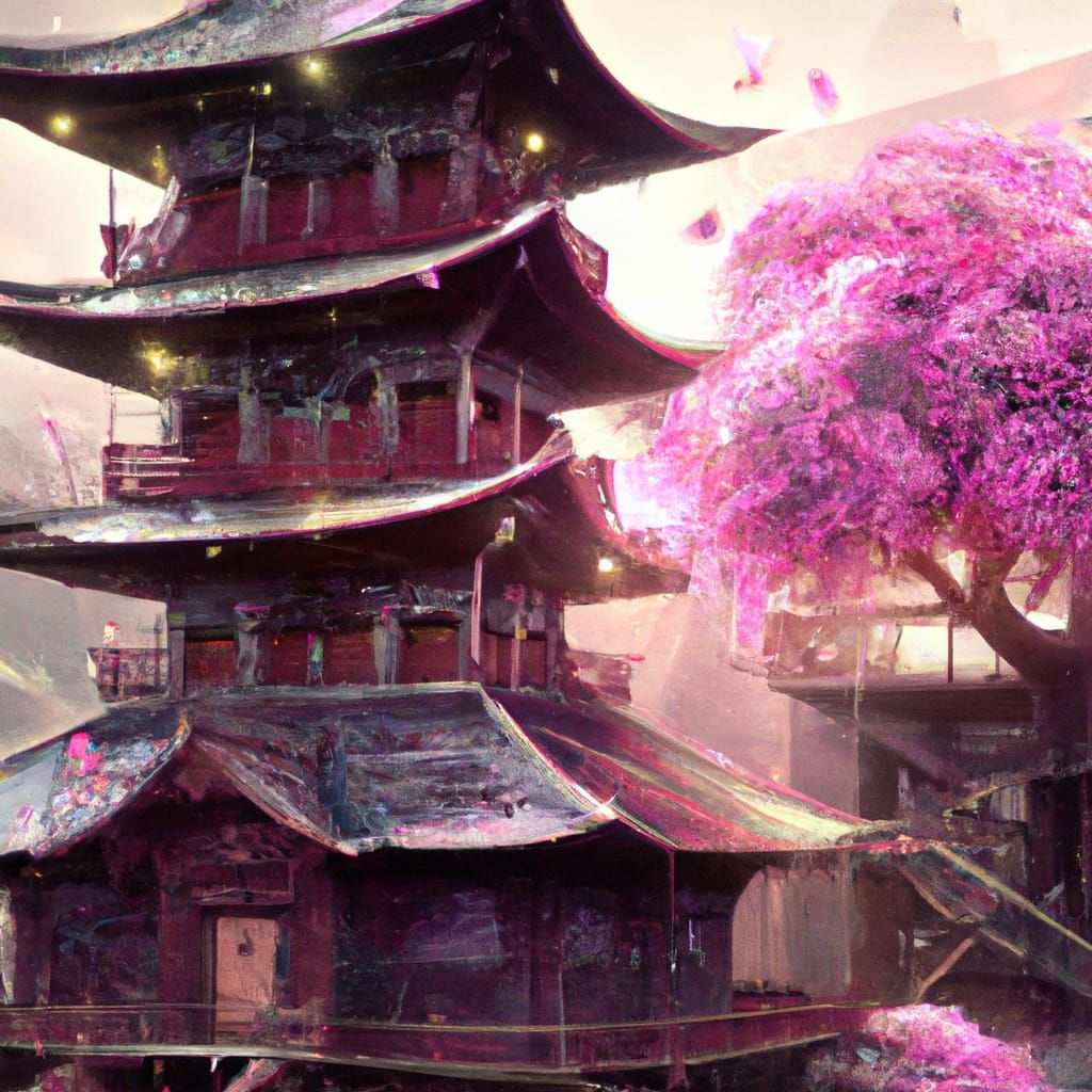 Japanese Cherry Tree and Temple in Digital Painting Style