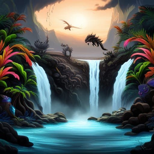 Black Dragon in Ethereal Waterfall, Fantasy Art
