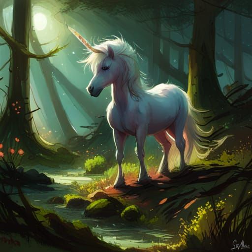 Cute Unicorn in Forest: Fairycore Digital Illustration