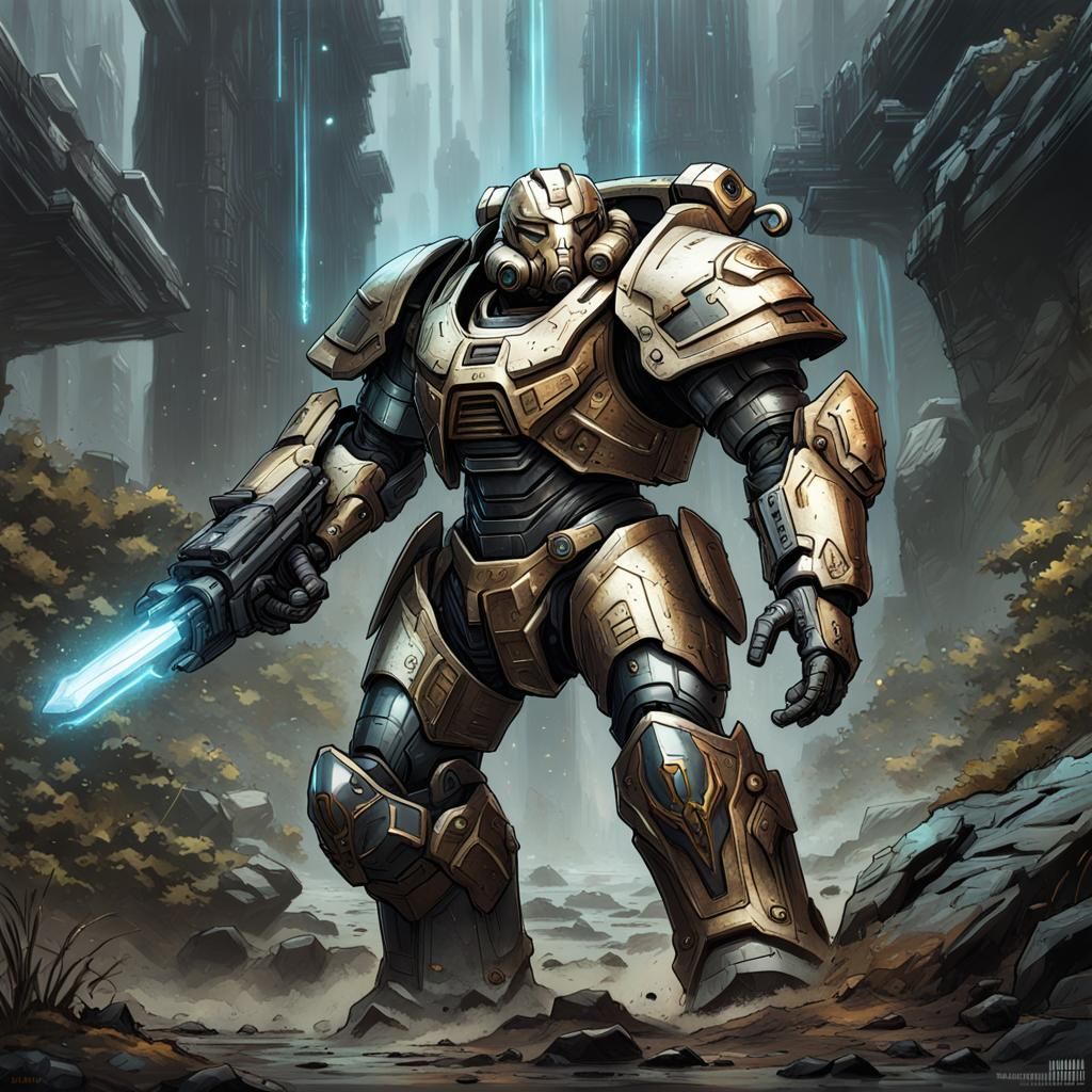 Heroic Power Armor Concept Art in Comic Book Style