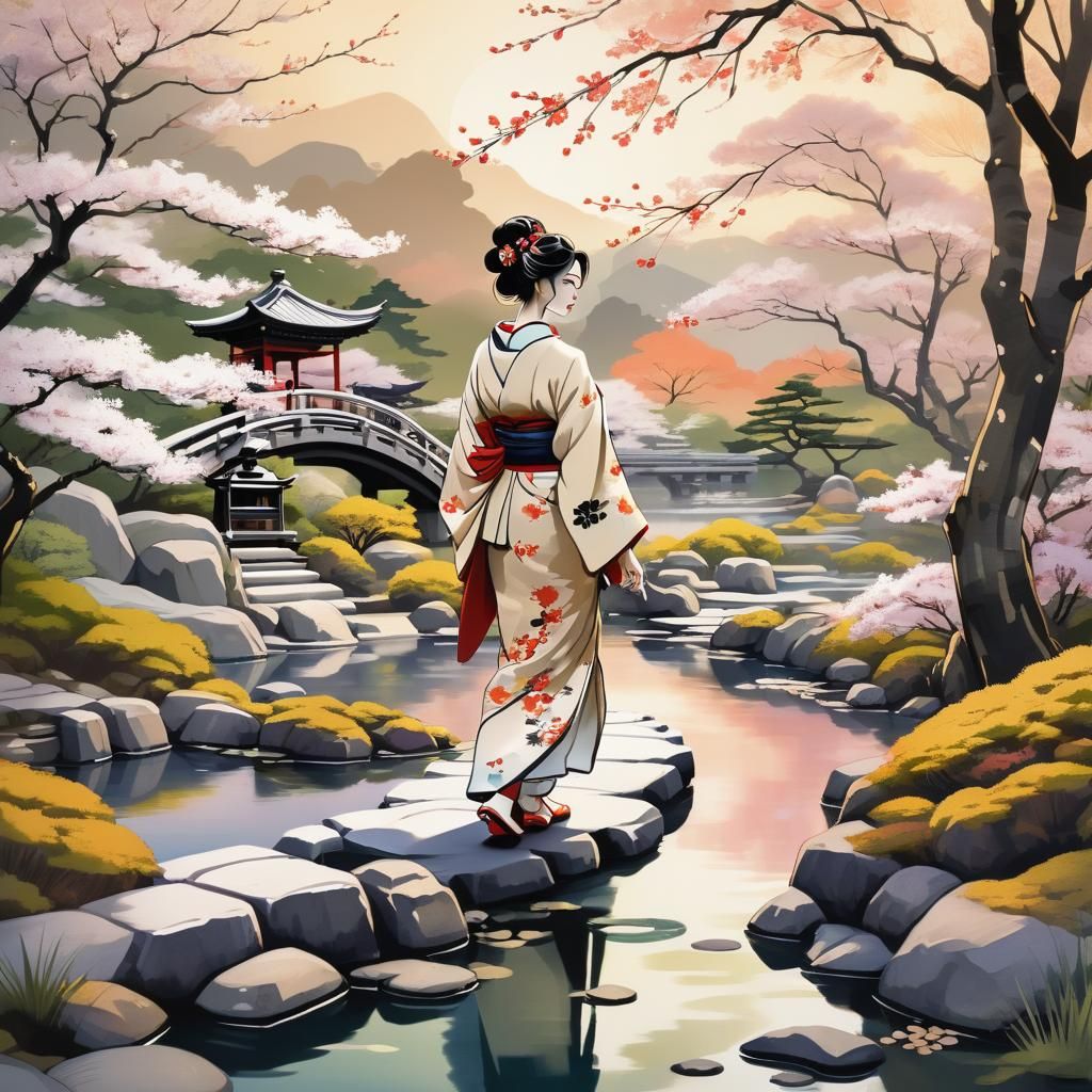 Ukiyo-e Woman in Japanese Garden with Cherry Blossoms