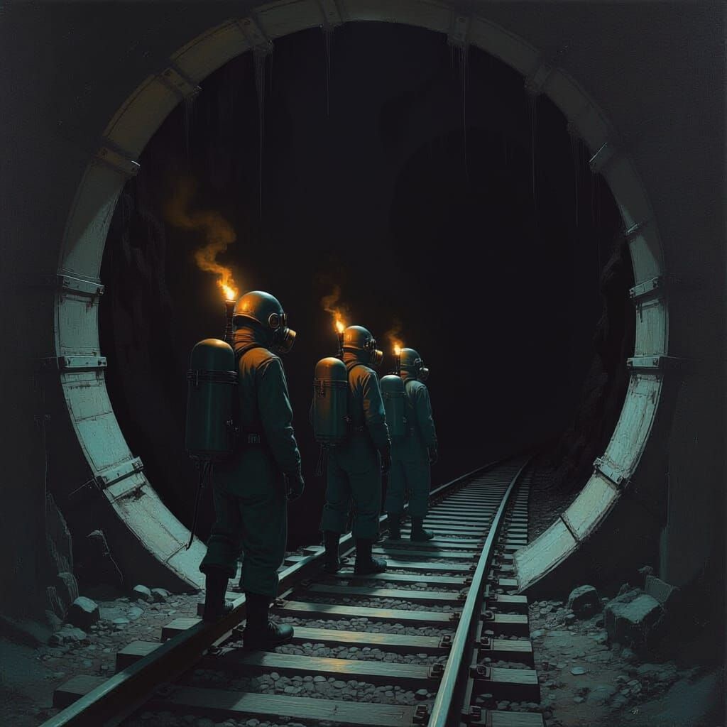 Masked Explorers in Dark London Underground, Oil Painting St...