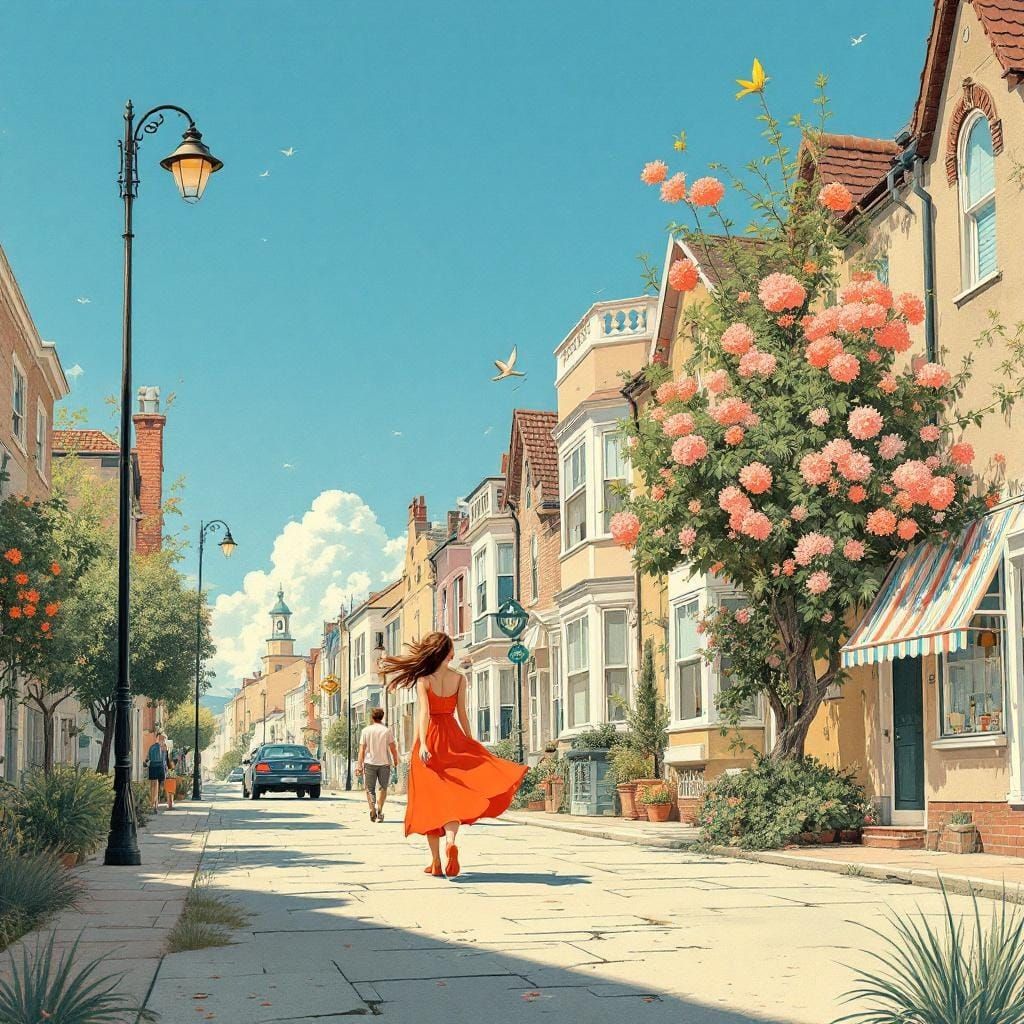 Surreal Retro Illustration: Woman on Quiet Street