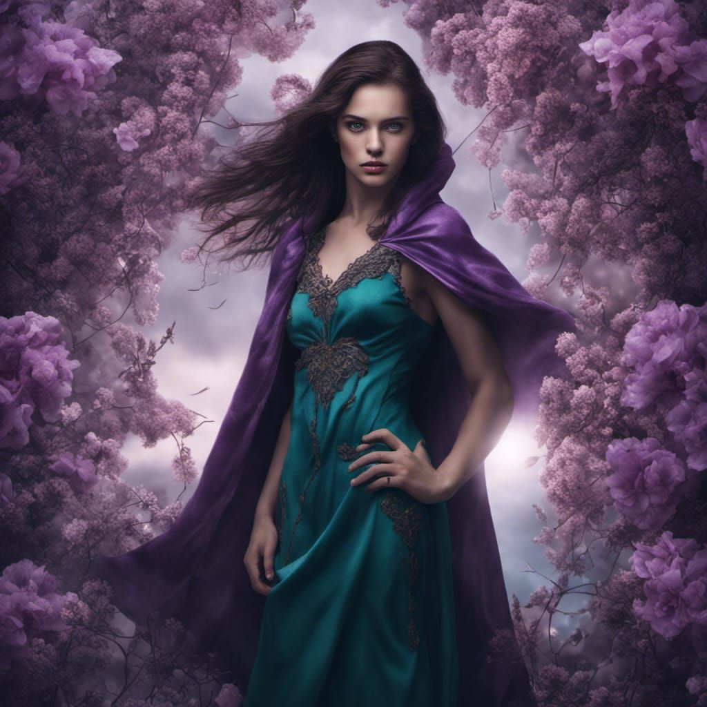 Girl with Teal Eyes and Floral Hair, Hyperrealistic