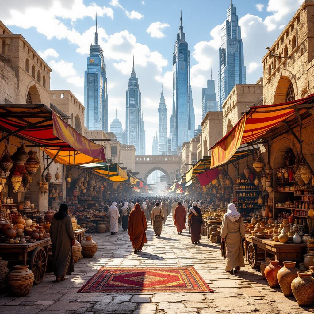 Ancient Marketplace Meets Futuristic Cityscape