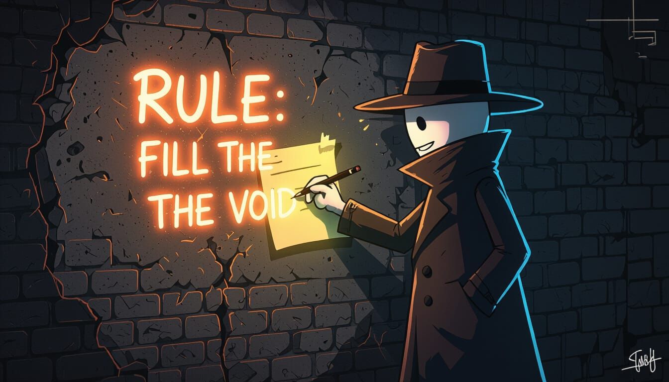 Stickman Writes Glowing 'RULE: FILL THE VOID' on Wall